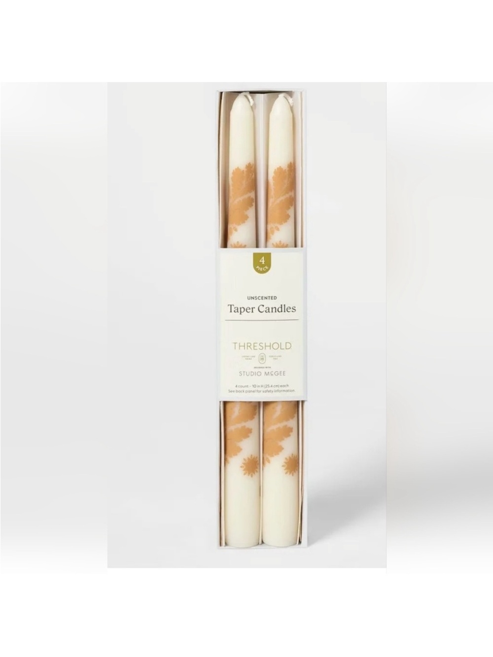 NEW IN BOX Threshold Unscented Taper Candles - Cream and Gold Leaf Pattern 4 PK